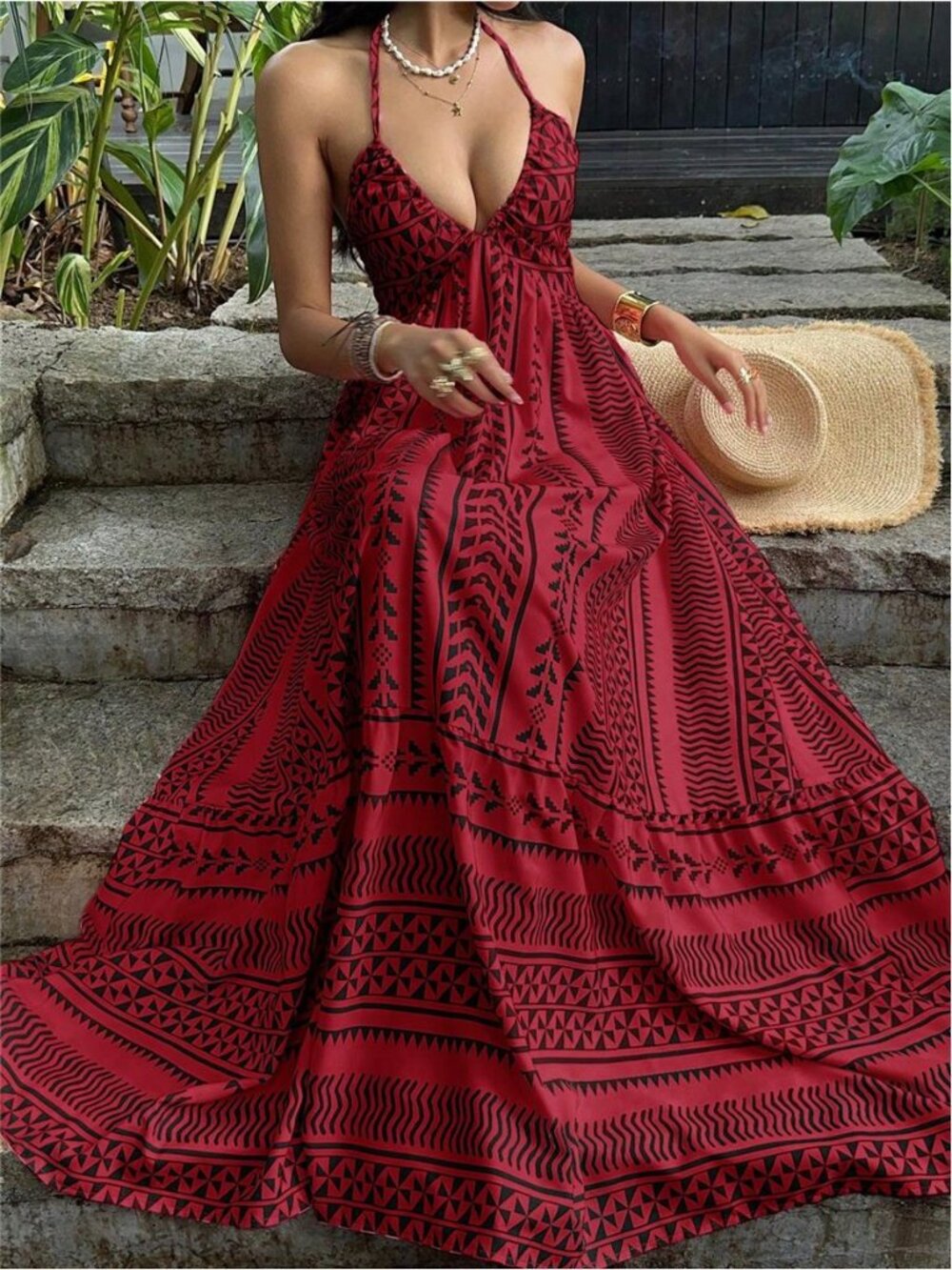 Red Digital Print Fitted Waist Backless Tie Strap Dress, French